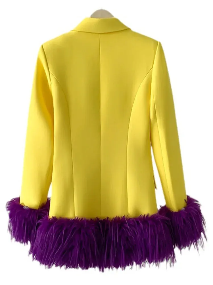 Women's Luxe Yellow Blazer with Purple Feathers