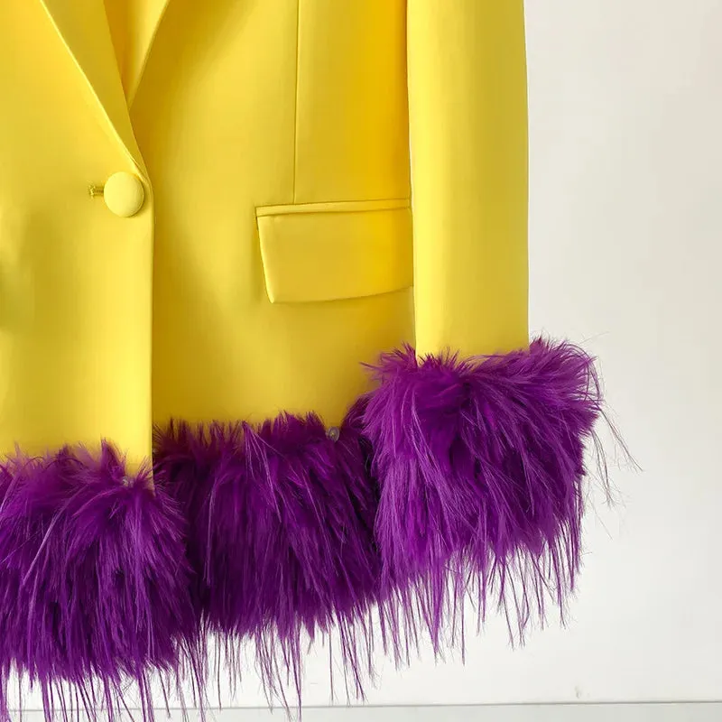 Women's Luxe Yellow Blazer with Purple Feathers