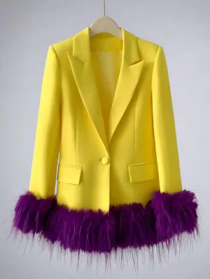 Women's Luxe Yellow Blazer with Purple Feathers