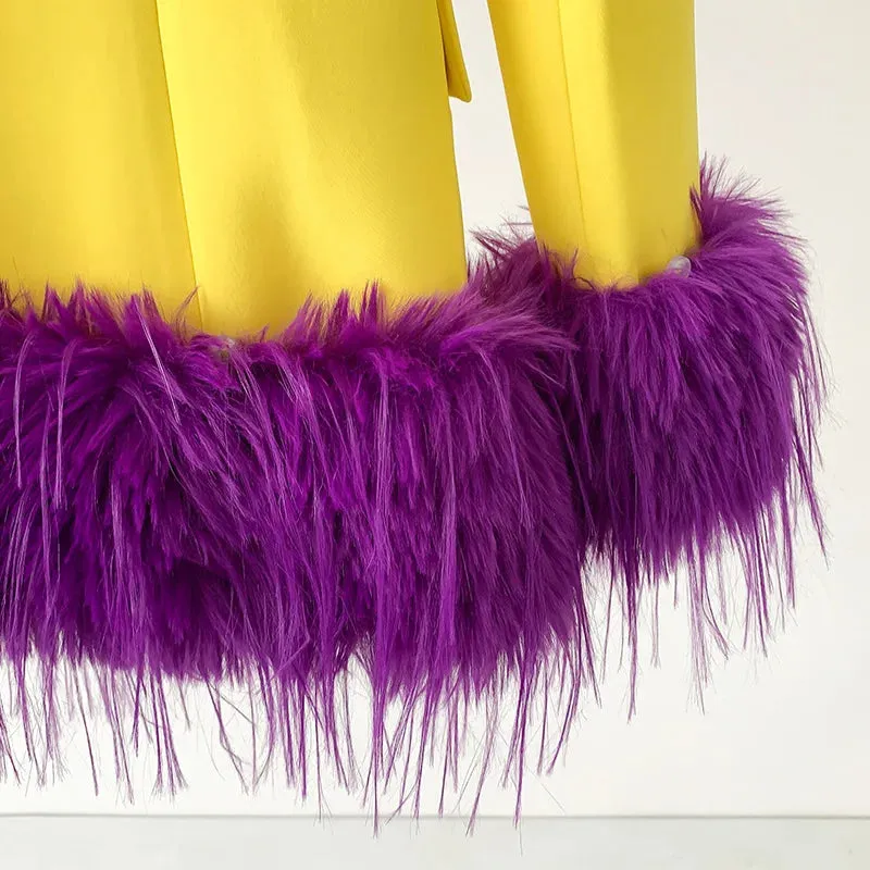 Women's Luxe Yellow Blazer with Purple Feathers