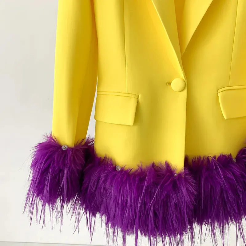 Women's Luxe Yellow Blazer with Purple Feathers